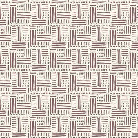 A seamless repeating pattern featuring hand-drawn brown geometric lines, including L-shapes, horizontal strokes, and dotted segments, arranged in a basketweave-like grid on a warm cream background.