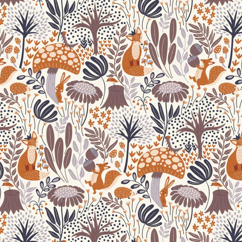A seamless repeating pattern featuring whimsical woodland illustrations including foxes, rabbits, mushrooms, acorns, trees, and leaves in muted orange, brown, gray, and cream tones.