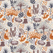 A seamless repeating pattern featuring whimsical woodland illustrations including foxes, rabbits, mushrooms, acorns, trees, and leaves in muted orange, brown, gray, and cream tones.