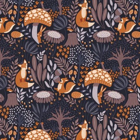 A seamless repeating pattern featuring whimsical woodland illustrations including orange foxes, brown mushrooms with white spots, squirrels, acorns, and stylized foliage on a dark navy background.