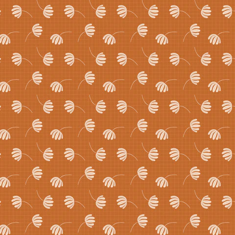 A repeating pattern of stylized cream leaf or shell-like motifs on a warm orange background with a subtle grid texture.