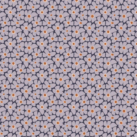 fabric pattern with pale grey flowers with rust coloured centres on a dark grey background