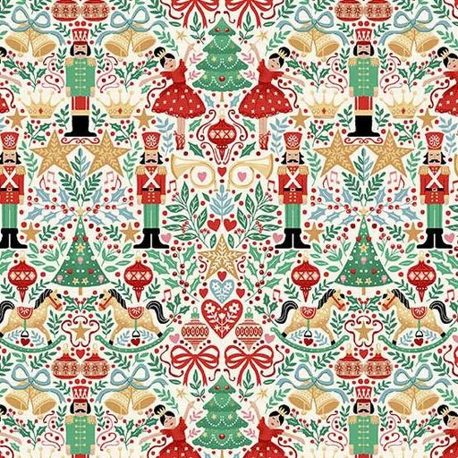 close up of holiday fabric with soldier nutcrackers, dancing ballerinas and Christmas trees