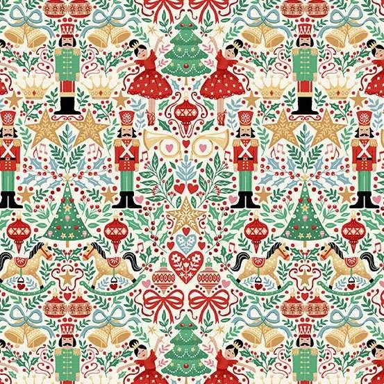 close up of holiday fabric with soldier nutcrackers, dancing ballerinas and Christmas trees