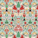 close up of holiday fabric with soldier nutcrackers, dancing ballerinas and Christmas trees