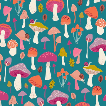 Woodland Wander by Nina Raby Jones for Dashwood - Mushrooms on Teal