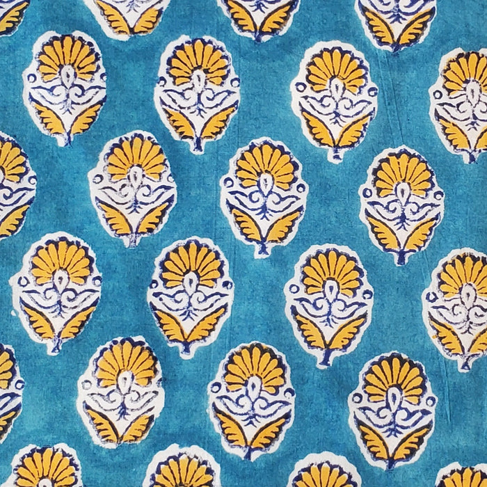 Block Printed Indian Cambric Cotton with Border - Yellow Blooms on Teal