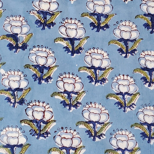Block Printed Indian Cambric Cotton - Blue on Blue Flowers