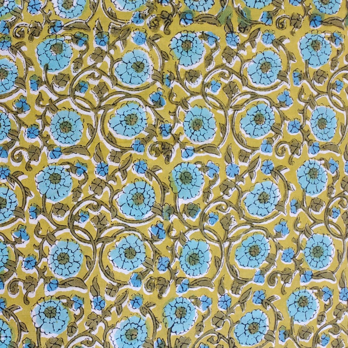 Block Printed Indian Cotton - Flowering Vine on Lime