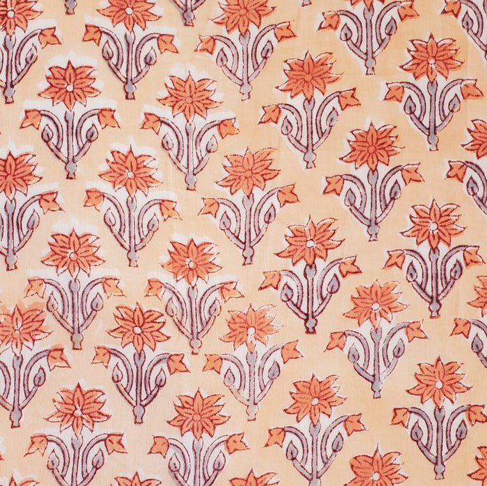 Block Printed Indian Cotton Voile - Peach and Grey Flowers