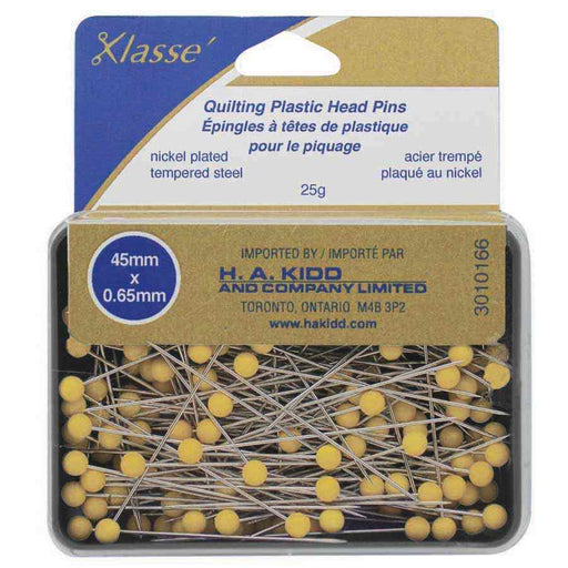 Pack of Klasse quilting plastic head pins with visible branding and product details.