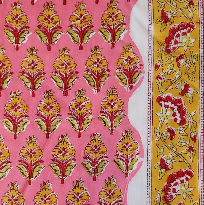 Block Printed Indian Cambric Cotton with Border - Yellow Flowers on Pink with Yellow border