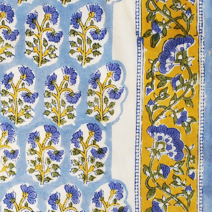 Block Printed Indian Cambric Cotton with Border - Blue Floral with Yellow and Blue border