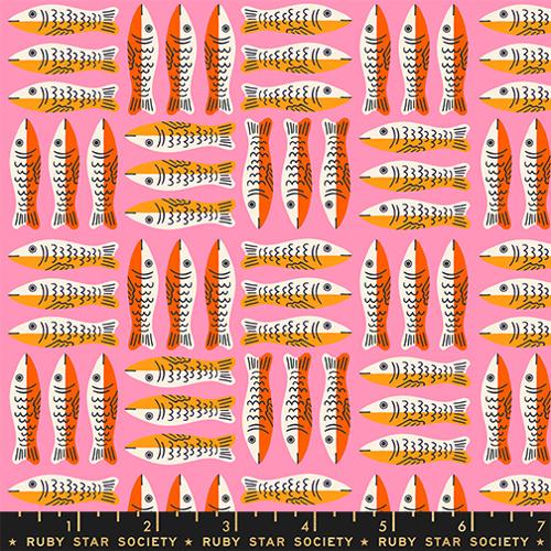 A checkerboard made out of trios of sardines facing up or facing sideways in pink 
