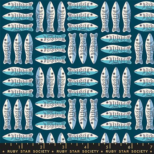Little Sardines in shades of blue on a dark teal background