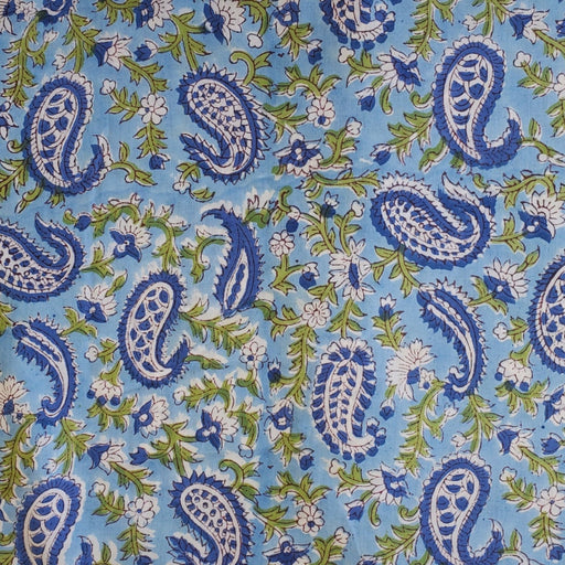 Block Printed Indian Cotton - Ornamental Paisley in Blue