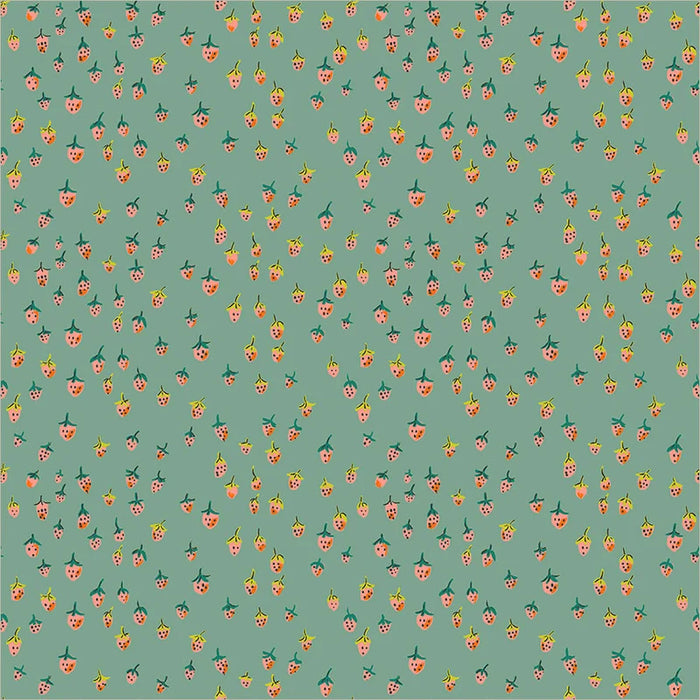 little pink strawberries on a teal background