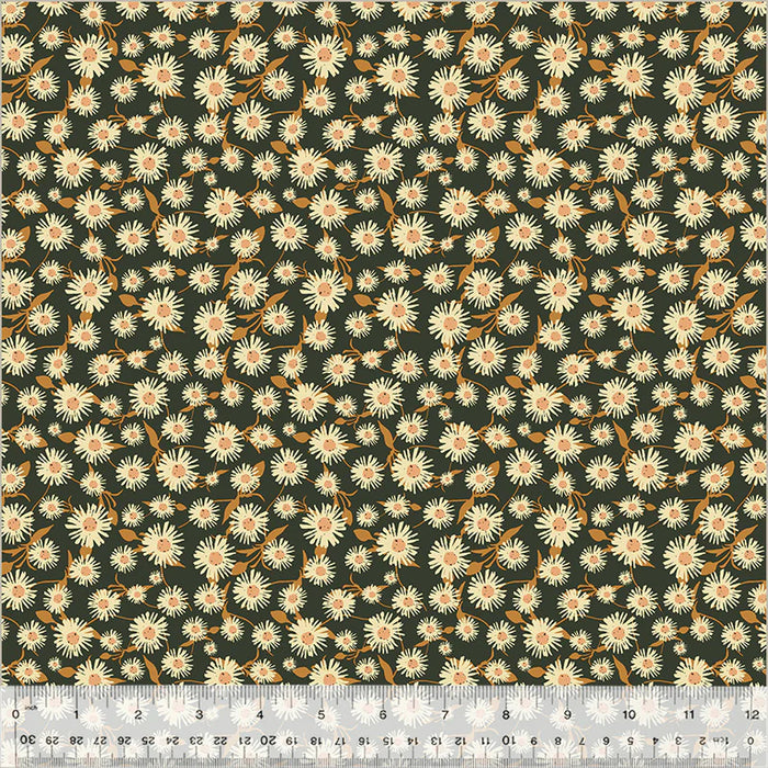 Floral pattern fabric with a ruler at the bottom for scale.