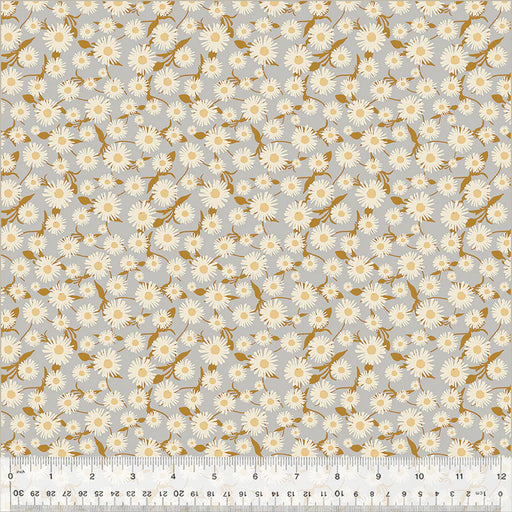 Pattern of small white flowers with brown stems on a gray background, with a ruler at the bottom for scale.