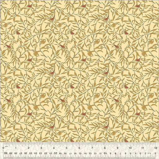 Fabric with a leaf pattern on a beige background, featuring a ruler at the bottom for scale.
