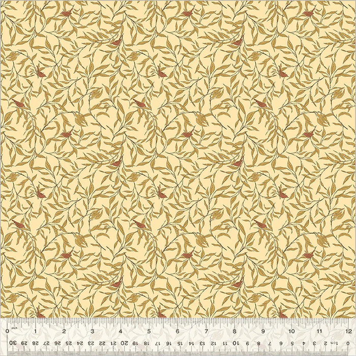 Fabric with a leaf pattern on a beige background, featuring a ruler at the bottom for scale.