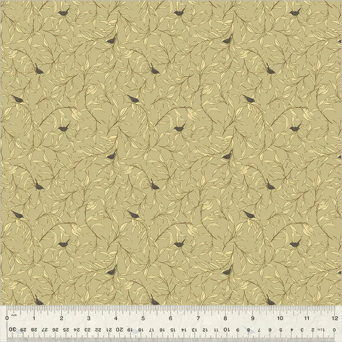 Patterned fabric with leaves and birds on a beige background, ruler at the bottom for scale.