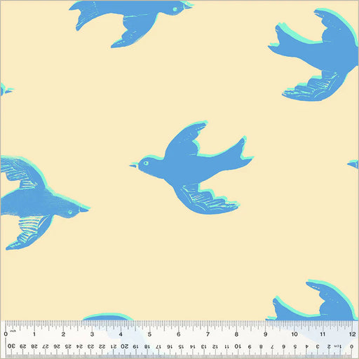Pattern of blue birds on a beige background with a ruler at the bottom.