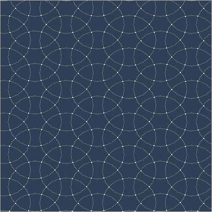 A close-up of a fabric or material swatch with a repeating geometric pattern of white dotted circular arcs over a dark navy blue background.