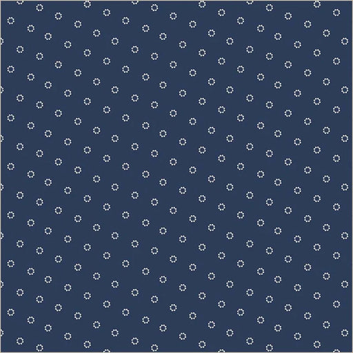 Dots that make up small shapes like Daisies on a Navy background.