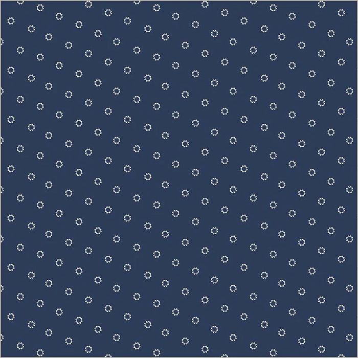 Dots that make up small shapes like Daisies on a Navy background.