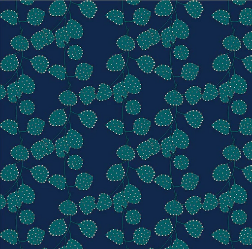 Pattern of green leaves with white dots on a blue background