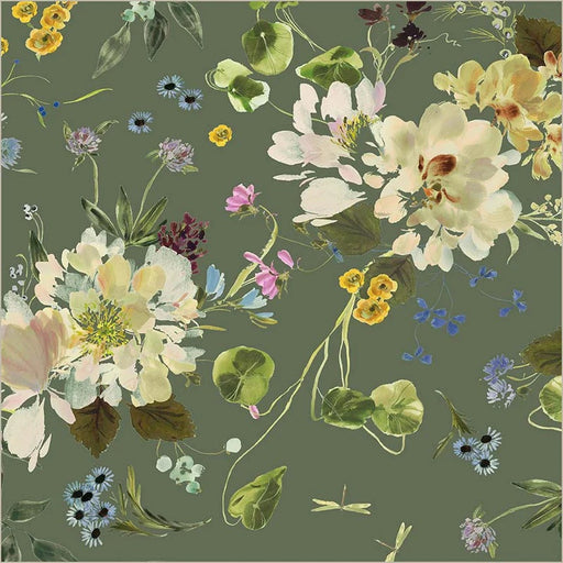 Floral pattern with various flowers on a green background