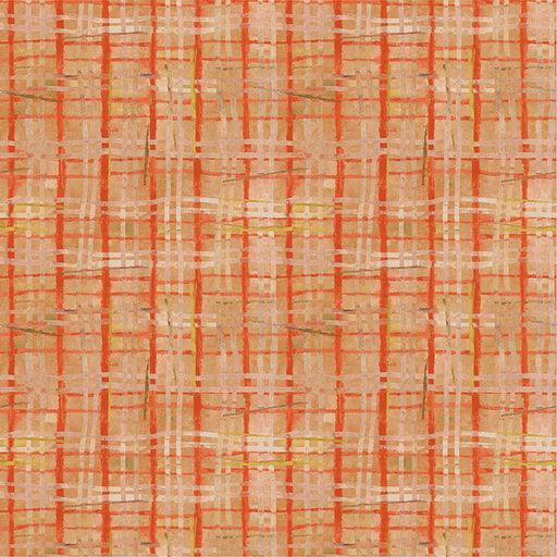 Textured fabric with a plaid pattern in orange and beige.