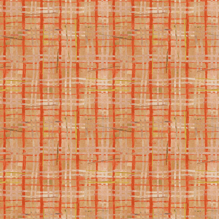 Textured fabric with a plaid pattern in orange and beige.