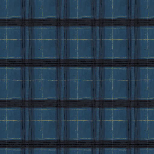 Blue fabric with black and white plaid pattern