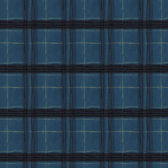 Blue fabric with black and white plaid pattern