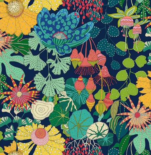 Colorful floral and leaf pattern on a dark blue background