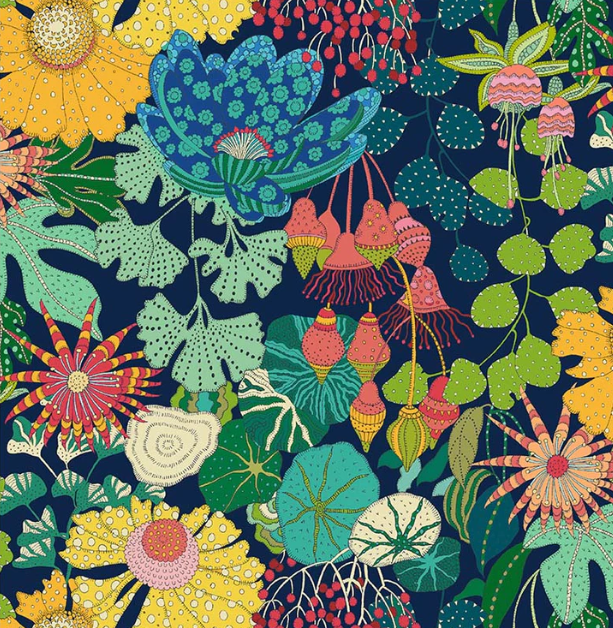Colorful floral and leaf pattern on a dark blue background