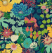 Colorful floral and leaf pattern on a dark blue background