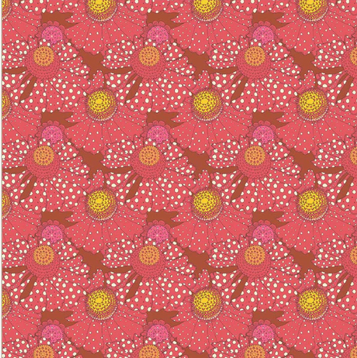 Pattern of pink flowers with yellow centers on a pink background