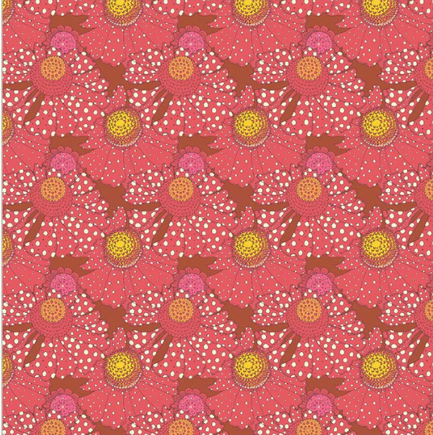 Pattern of pink flowers with yellow centers on a pink background
