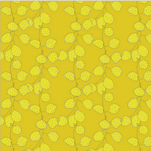 Yellow patterned fabric with leaf design on a yellow background