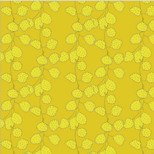 Yellow patterned fabric with leaf design on a yellow background