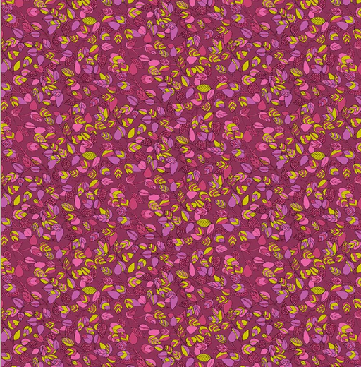 Patterned fabric with pink and yellow shapes on a purple background