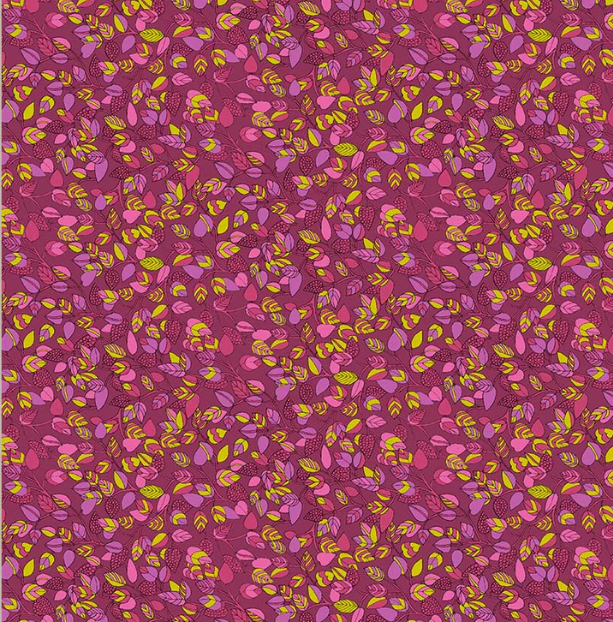 Patterned fabric with pink and yellow shapes on a purple background