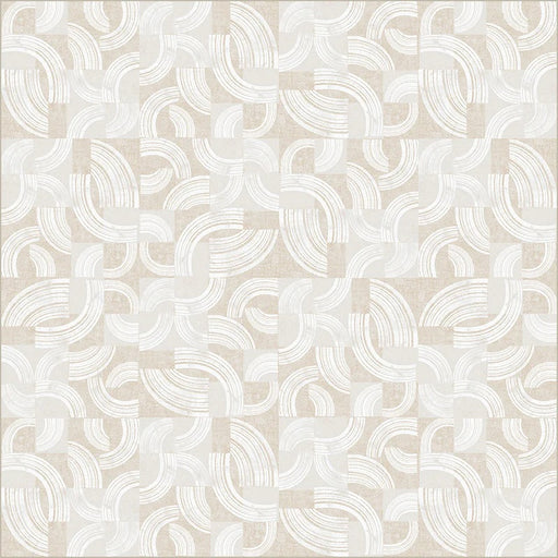Patterned wallpaper with abstract white shapes on a beige background