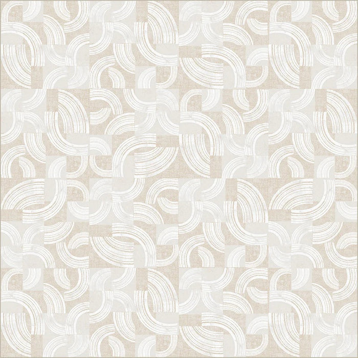 Patterned wallpaper with abstract white shapes on a beige background