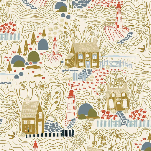 illustration of village in dark gold, blue, and rust on a beige background. 