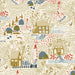 illustration of village in dark gold, blue, and rust on a beige background. 