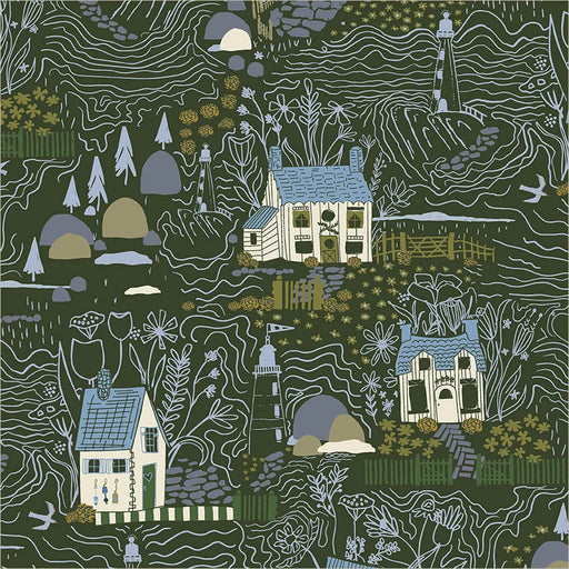 illustration of a village in light blue lines on an olive green background